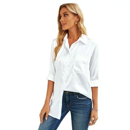 Women White Satin Button Shirt with Pocket | Walmart (US)