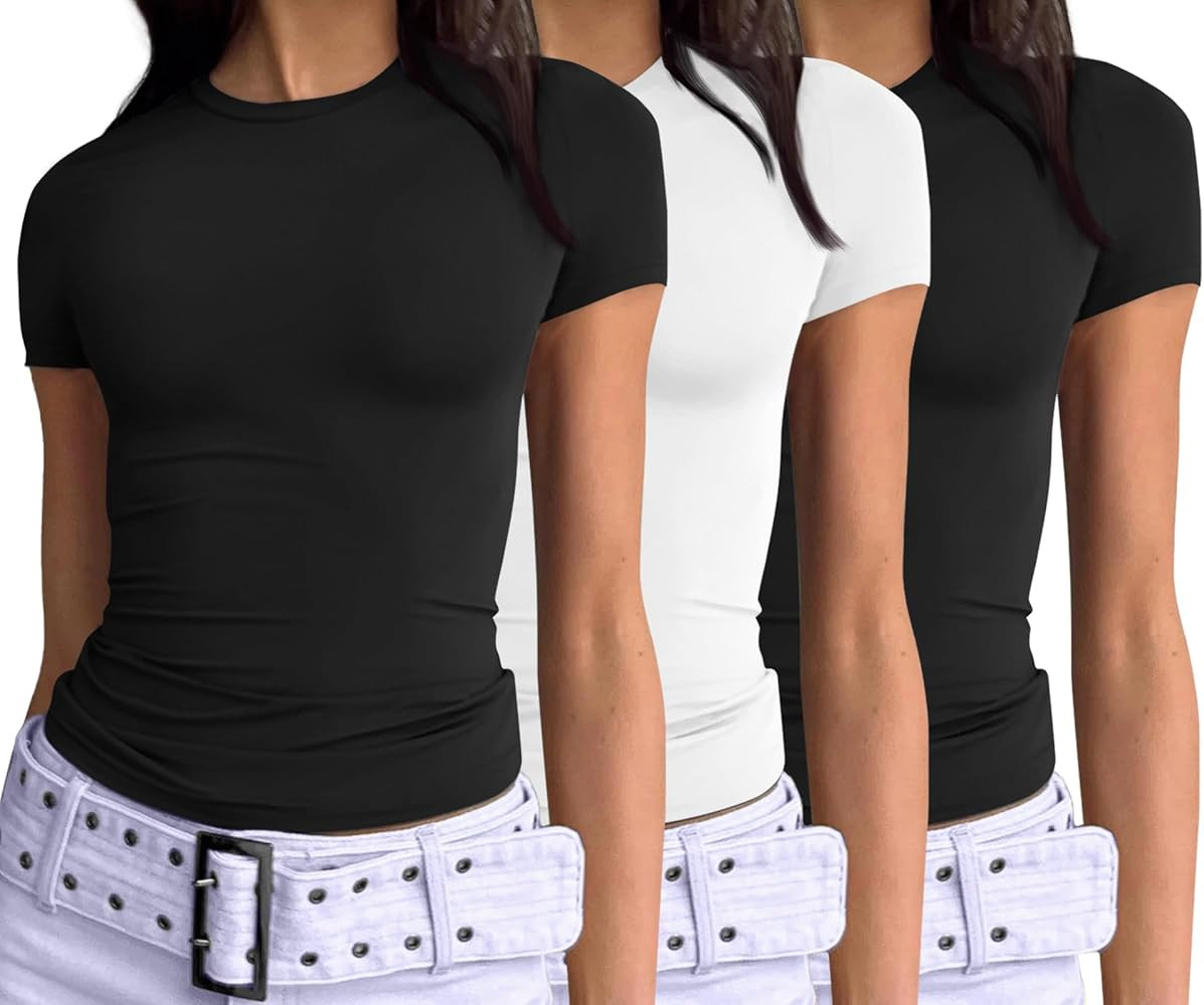 AUTOMET Womens 3 Piece Short Sleeve Shirts Basic Going Out Tops Slim Fit Crop Tops 2024 Y2k Cloth... | Amazon (US)
