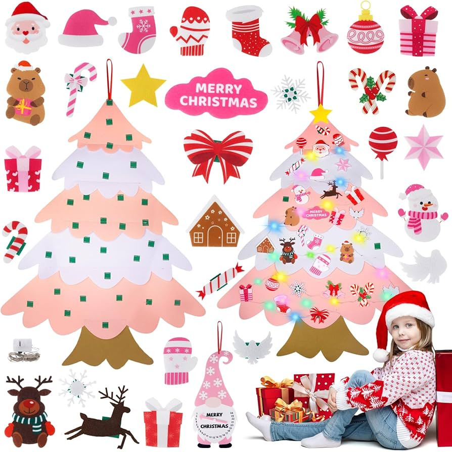 Felt Christmas Tree for Kids Toddler, Pink Felt Wall Hanging Christmas Tree with 30 Ornaments and... | Amazon (US)