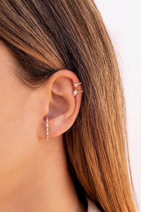 Minimalist Baguette Cz Ear Lobe Cuff Stud Earrings | Etsy (US)