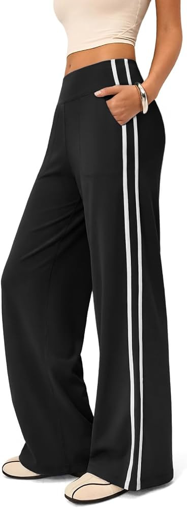 Women’s Wide Leg Pants with Pockets, High Waisted Contrast Side Stripe Track Pants, Yoga Workou... | Amazon (US)