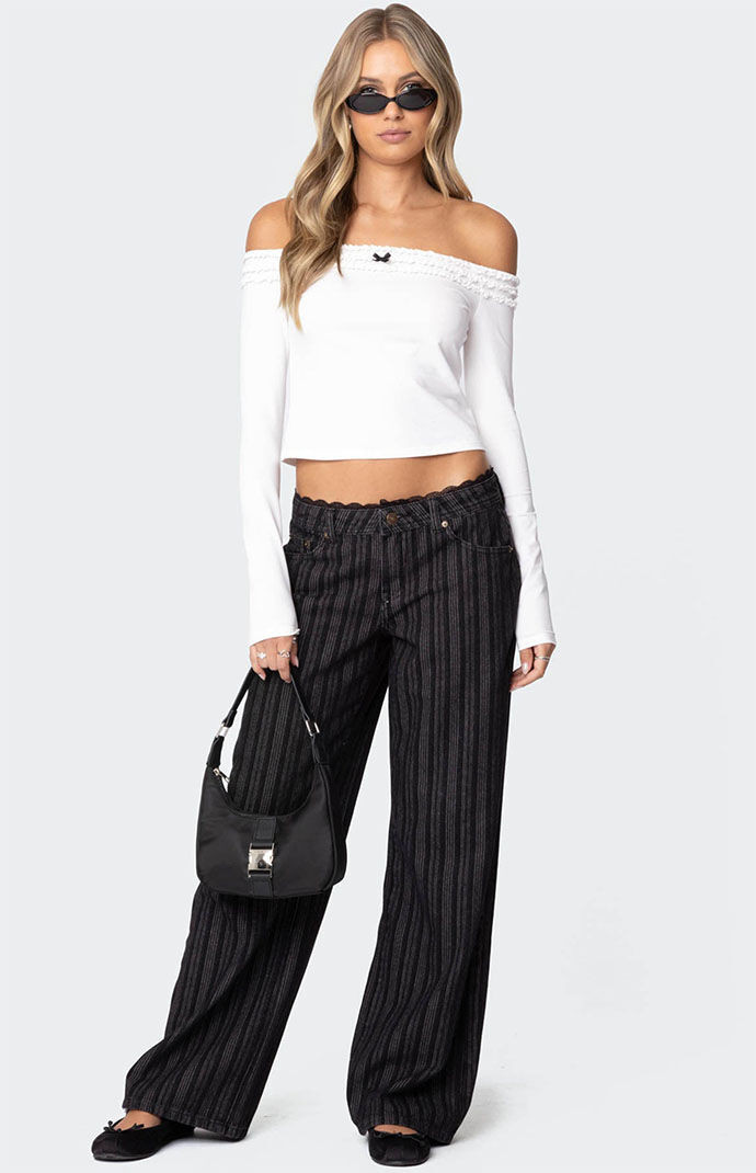Edikted Women's Lace Trim Striped Low Rise Jeans in Black - Size Large | PacSun
