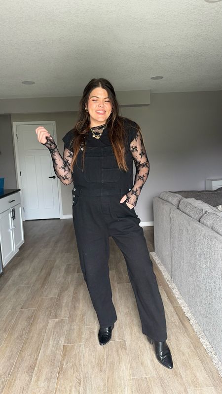 Free people inspired outfit but from Amazon!!! Overalls are size xl,
Cap sleeve top from target
Lace to size xl
Black boots and chunky gold jewelry! Obsessed with this transitional spring outfit! 

Teacher outfit, midsize outfit, free people look alike, affordable outfits spring outfit, black outfit

#LTKmidsize #LTKfindsunder50 #LTKSeasonal