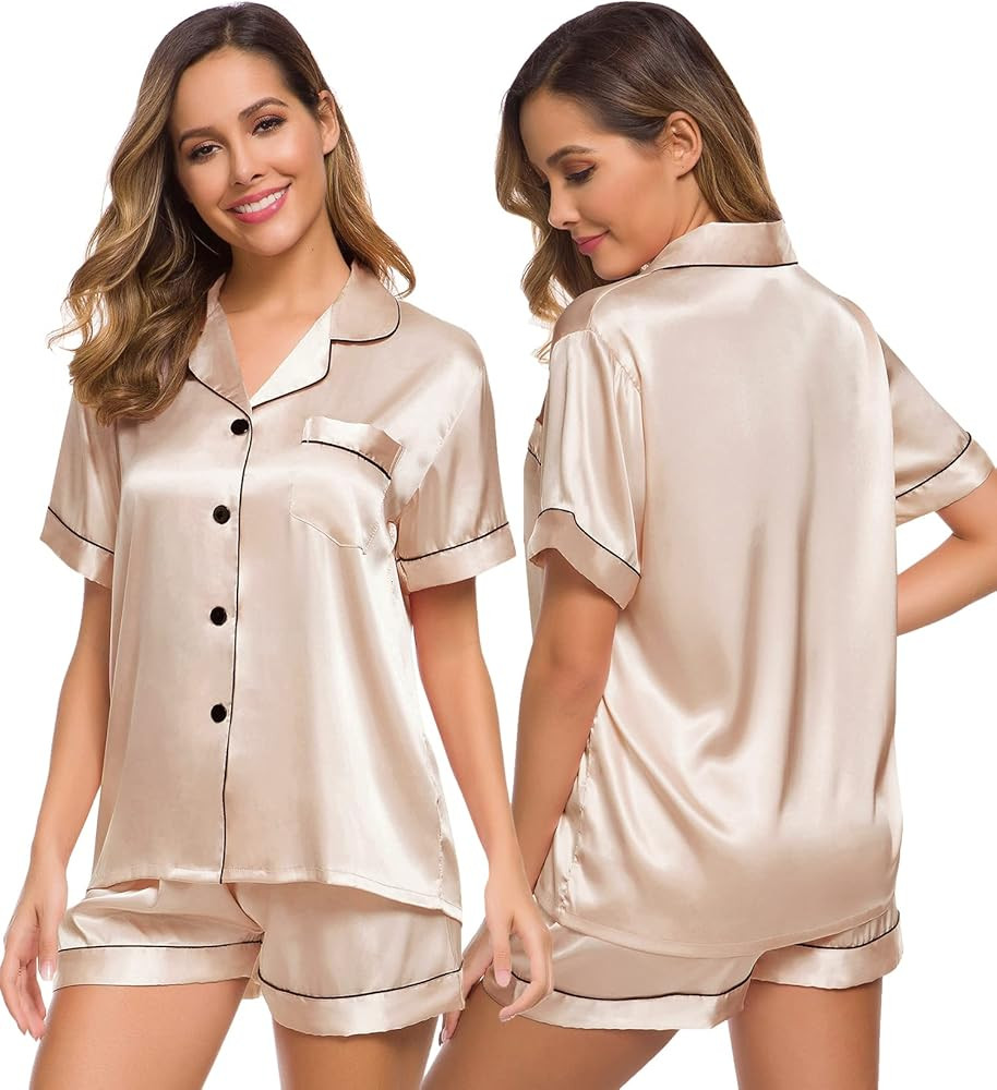SWOMOG Womens Silk Satin Pajamas Set Two-piece Pj Sets Sleepwear Loungewear Button-Down Pj Sets (... | Amazon (CA)