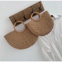 Half Moon Shaped Handwoven Straw Bag - Summer Beach Clutch - Semicircle Handbag | Etsy (US)