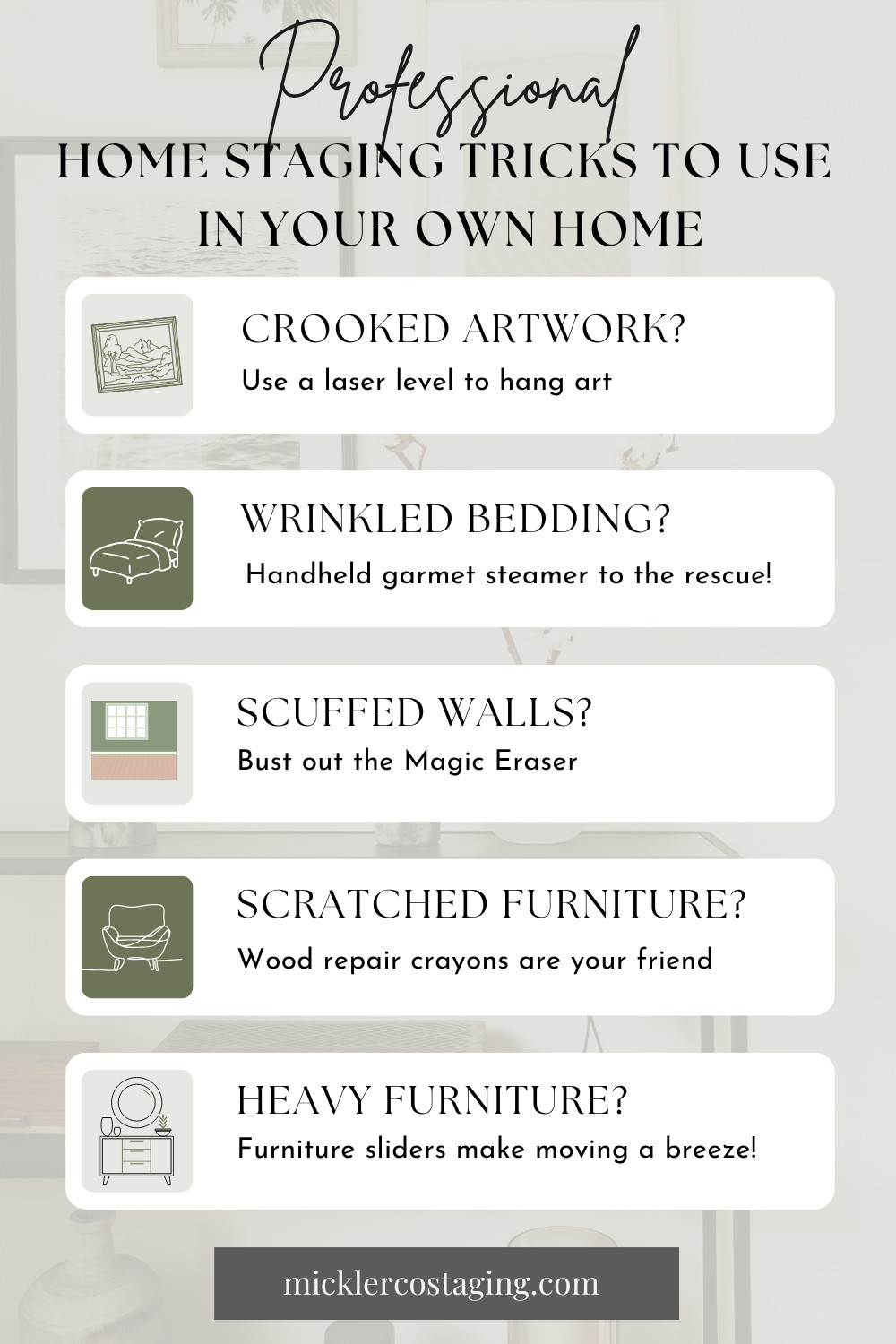 Professional home stagers don't just style homes—we solve problems.

From crooked artwork and wrinkled bedding to scuffed walls and scratched furniture, these are some of the simple tools we rely on to help homes look their best before photos, showings, and open houses.

I've linked a few of our favorites that homeowners can use too.
#HomeStaging #HomeStagingTips #HomeSellerTips #InteriorDesignTips #HomeDecorIdeas #SellingYourHome #HomeImprovement #HomeStyling #RealEstateTips #HomeownerTips
 

 #LTKHome