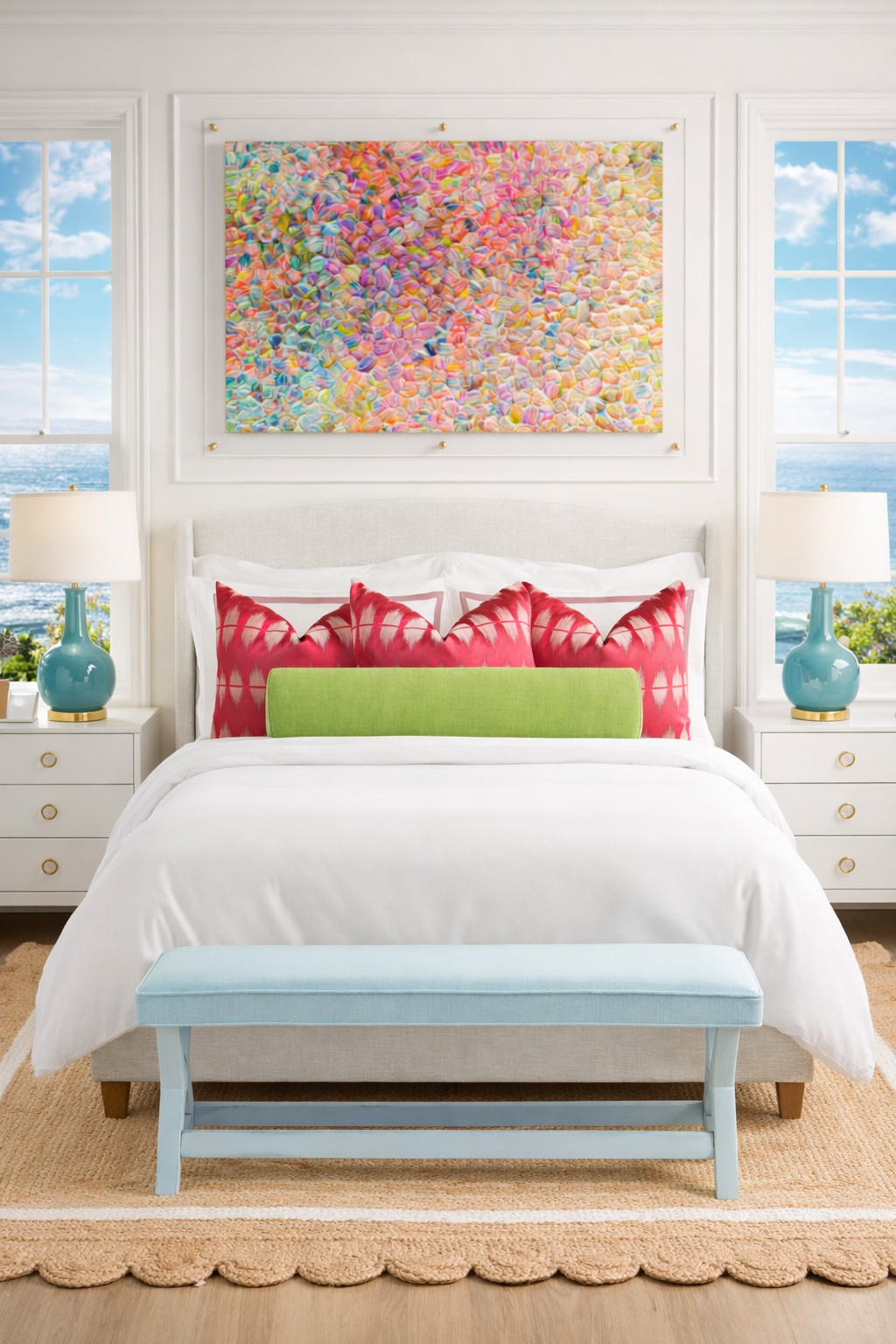 colorful bedroom decor, bold coastal bedroom, beach house bedroom, ocean view bedroom, seaside decor, vibrant wall art, abstract art decor, statement artwork, gallery wall inspo, preppy coastal, palm beach style, tropical chic, colorful home decor, layered bedding, pink and green bedroom, coral accents, lime green decor, turquoise lamps, blue bench, woven rug, scalloped rug, jute rug decor, light and airy bedroom, symmetrical nightstands, white bedroom furniture, gold hardware, coastal preppy decor, southern beach house, chic coastal living, feminine coastal bedroom, playful yet polished, summer home decor, vacation home vibes, bright bedroom inspo, sorority girl bedroom, college apartment decor, dorm room inspiration, happy color palette, resort style bedroom, classic with a twist, curated home styling, statement bedroom design 

 

#LTKU #LTKHome #LTKSaleAlert