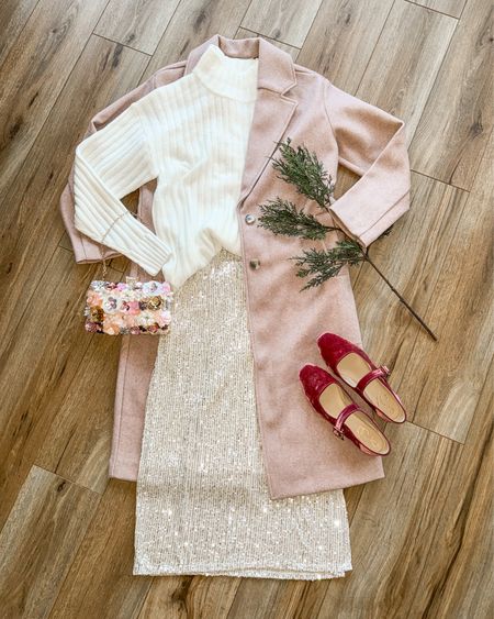 Holiday outfit. Christmas outfit. Ballet core. Pink coat. Lavender coat. Sequin skirt. Velvet Mary Jane flats. Holiday outfits as the eras. Speak now era. 

#LTKSeasonal #LTKHoliday #LTKGiftGuide