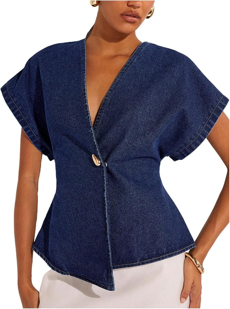 Floerns Women's Asymmetrical Denim Blouses Button Dolman Sleeve Wrap V Neck Jeans Tops | Amazon (US)
