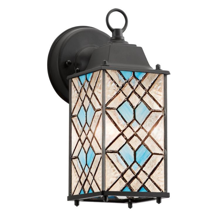 10.25" 1-Light Traditional Satin Outdoor Stained Glass Lantern Wall Sconce Black - River of Goods | Target