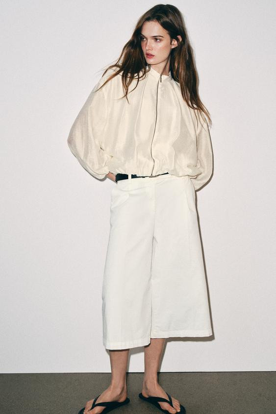 Zara - Pleated Bomber Jacket - Ecru - L - Woman | Zara US