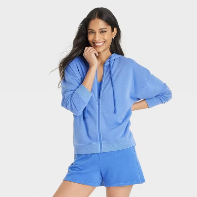 Women's Leisure Studio French Terry Zip-Up Hooded Sweatshirt - Universal Thread™ Blue L: Cotton Modal Blend, Heavyweight, Seam Pocket | Target