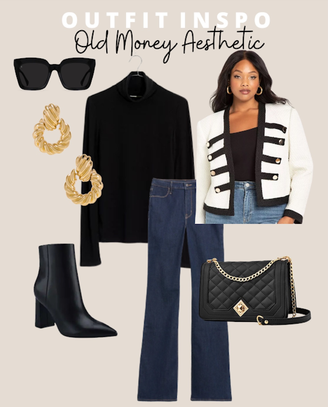 Old Money Outfit Aesthetic: tweed jacket with shoulder pads, black turtleneck, dark wash high waisted flair jeans, black pointed toe heeled booties, gold chunky small earrings, black oversized sunglasses, the best Chanel dupe from Amazon

#LTKstyletip #LTKcurves #LTKworkwear