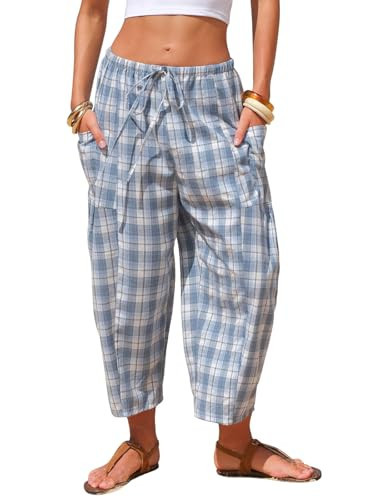 EXLURA Womens Cotton Faux Linen Gingham Capri Pants Plaid Wide Leg Palazzo Trousers Harem Pants Pockets Summer Beach Vacation | Amazon (US)