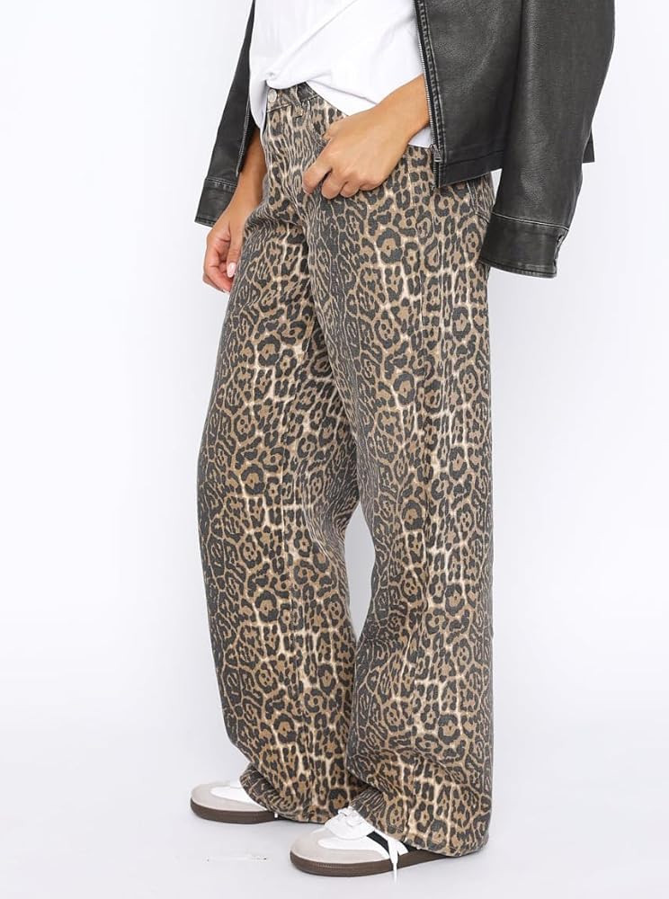Women's Leopard Print Mid Rise Light Weight No Stretch Wide Leg Pants Baggy Jeans | Amazon (US)