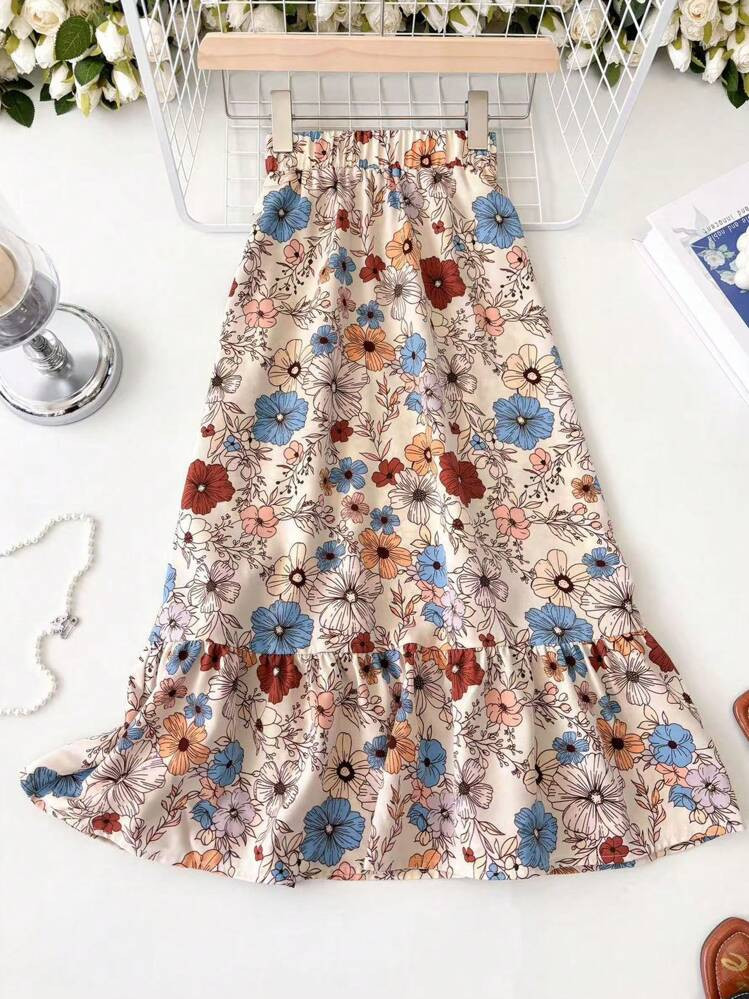 SHEIN LUNE Women's Casual Floral Print Ruffle Hem Skirt, Work & Outdoor Wear Summer Outfits For Women Western Wear Women Vacation Outfits Women Sun Skirt For Women Sun Skirt Boho Boho | SHEIN