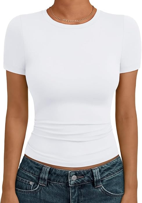 AUTOMET Women's Crewneck Short Sleeve T-Shirt Sexy Slim Fit Basic Going Out Tops | Amazon (US)