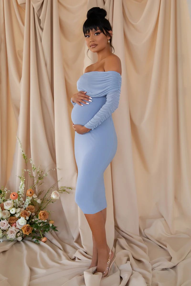 Patiently Waiting | Powder Blue Maternity Ruched Mesh Bardot Midi Dress | Club L London