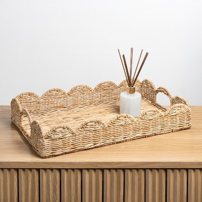 happimess Scalloped 21.5" Southwestern Cottage Hand-Woven Rattan Tray with Handles | Target