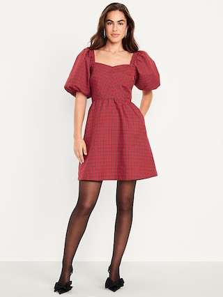 Puff-Sleeve Plaid Fit & Flare Taffeta Mini Dress | Old Navy (CA)