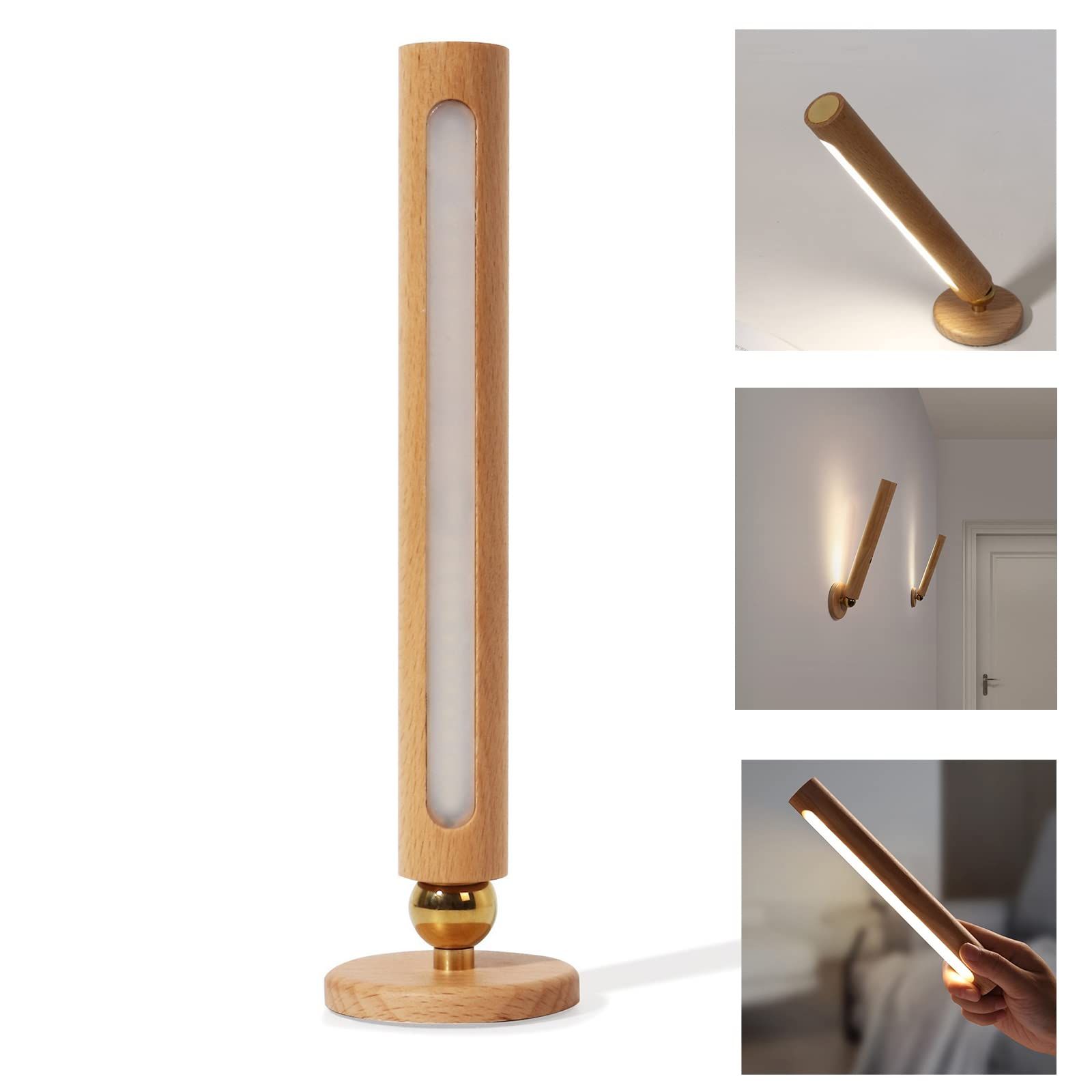 TUNJINSHOU 360° Rotatable Wooden Led Wall Light - Magnetic Detachable Stepless Dimmable Rechargeable | Amazon (US)