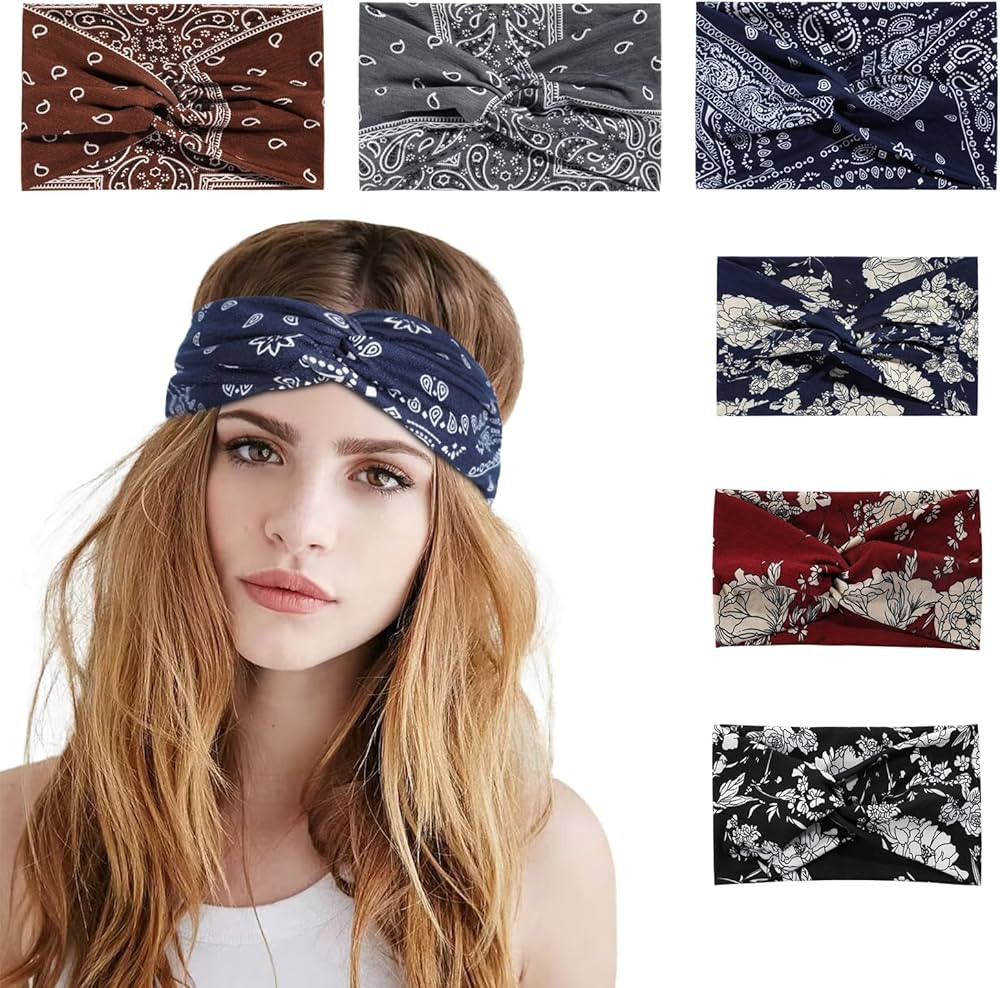 Achiou Wide Headbands for Women, Twist Knotted Boho Head Bands Non Slip, Elastic Turban Hairbands... | Amazon (US)