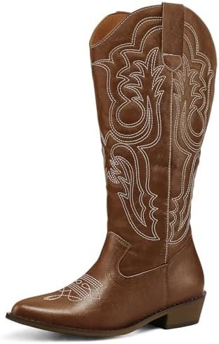 mysoft Women's Wide Calf Cowboy Boots Pull on Cowgirl Embroidered Mid Calf Pointed Toe Chunky Hee... | Amazon (US)