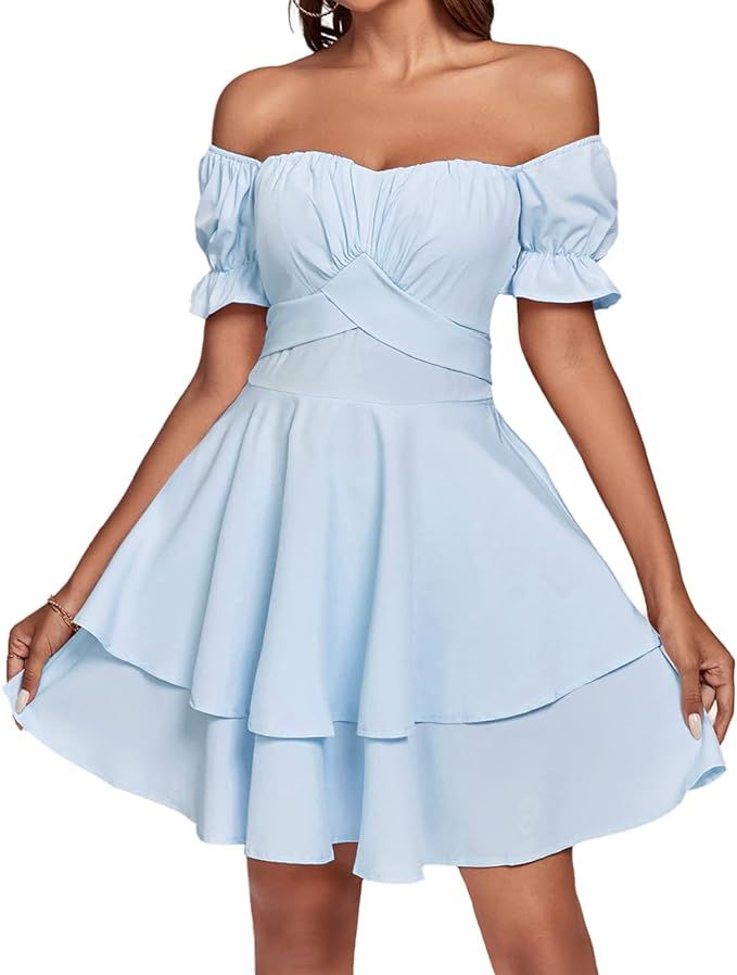LYANER Women's Tie Back Off Shoulder Wrap Layer Ruffle Short Sleeve Mini Dress | Amazon (US)