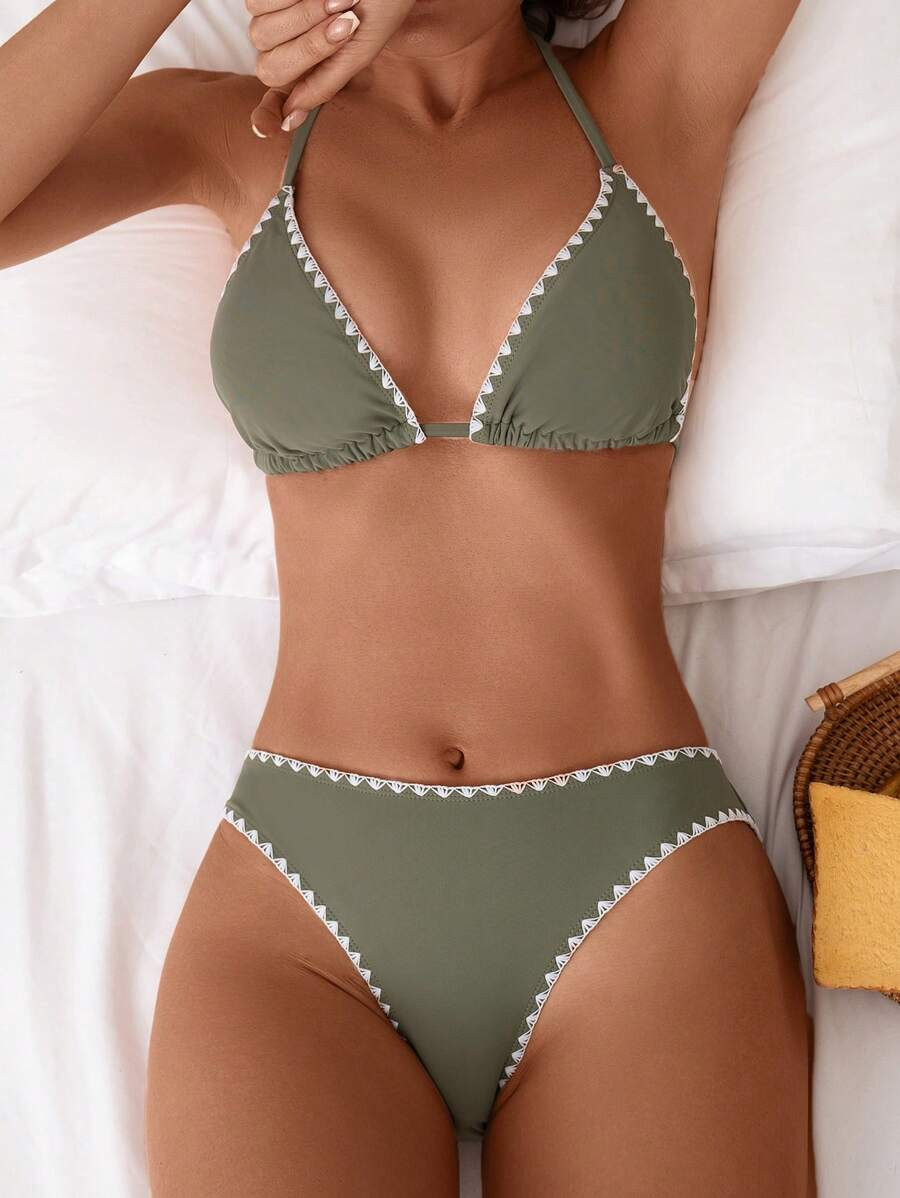 Women's Summer Beach Floral Bikini Set With Fringe Trimmed Halter Halter, Bikini Set | SHEIN