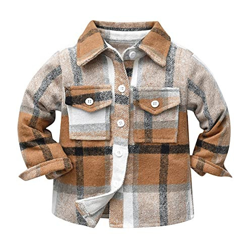 Toddler Baby Boys Girls Flannel Shirt Jacket Kids Long Sleeve Plaid Lapel Button Down Shacket Christmas Coat Autumn Casual Top Fall Outwear Clothes Brown Gray 12-18 Months | Amazon (US)