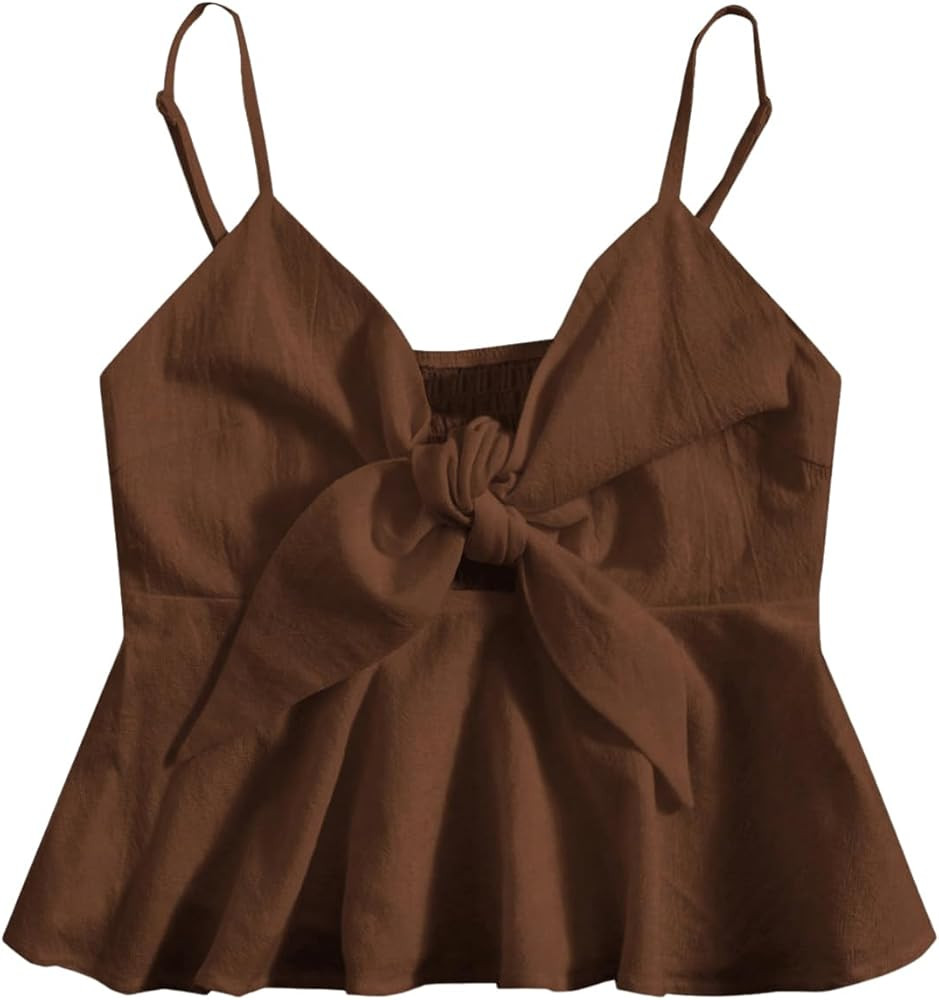 MakeMeChic Women's Smocked Peplum Crop Top V Neck Tie Front Boho Sleeveless Shirred Cami | Amazon (US)