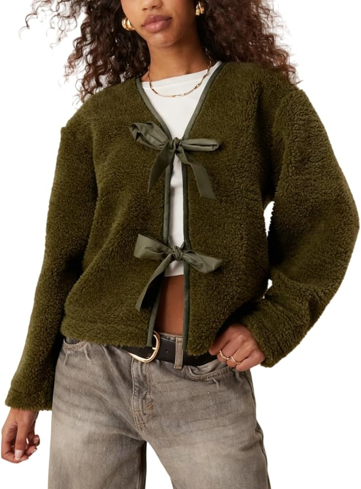 Majdan Women's Bow Tie Front Sherpa Cardigan Fleece Jacket Long Sleeve Winter Coat Outwear with P... | Amazon (US)