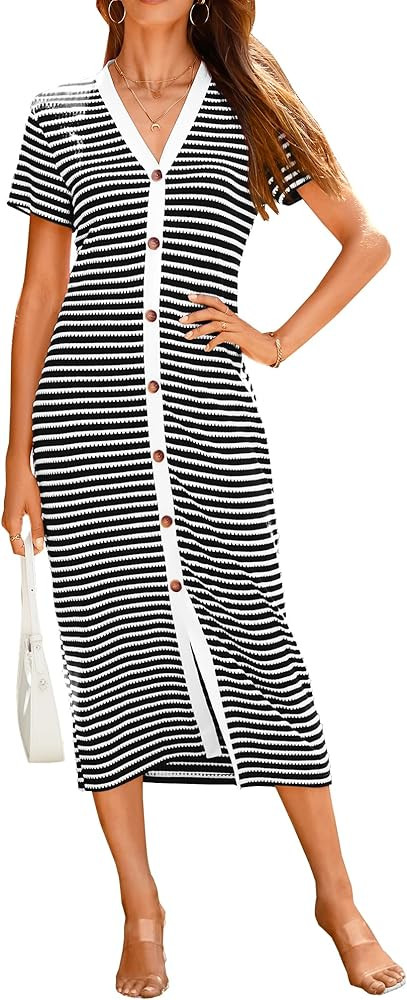 BTFBM Women Casual Summer Dresses Short Sleeve Striped Midi Dresses Decorative Button Ribbed Knit... | Amazon (US)