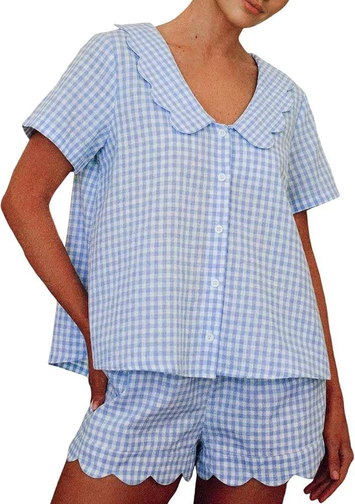 Wyeysyt Womens Gingham Pajama Set Cotton 2 Piece Shorts Set | Amazon (US)
