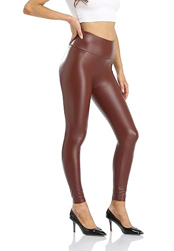 LIGHTBACK Women's Faux Leather Leggings Stretchy High Waist Tummy Control Pleather Pants Sexy PU Leather Tights Brown | Amazon (US)