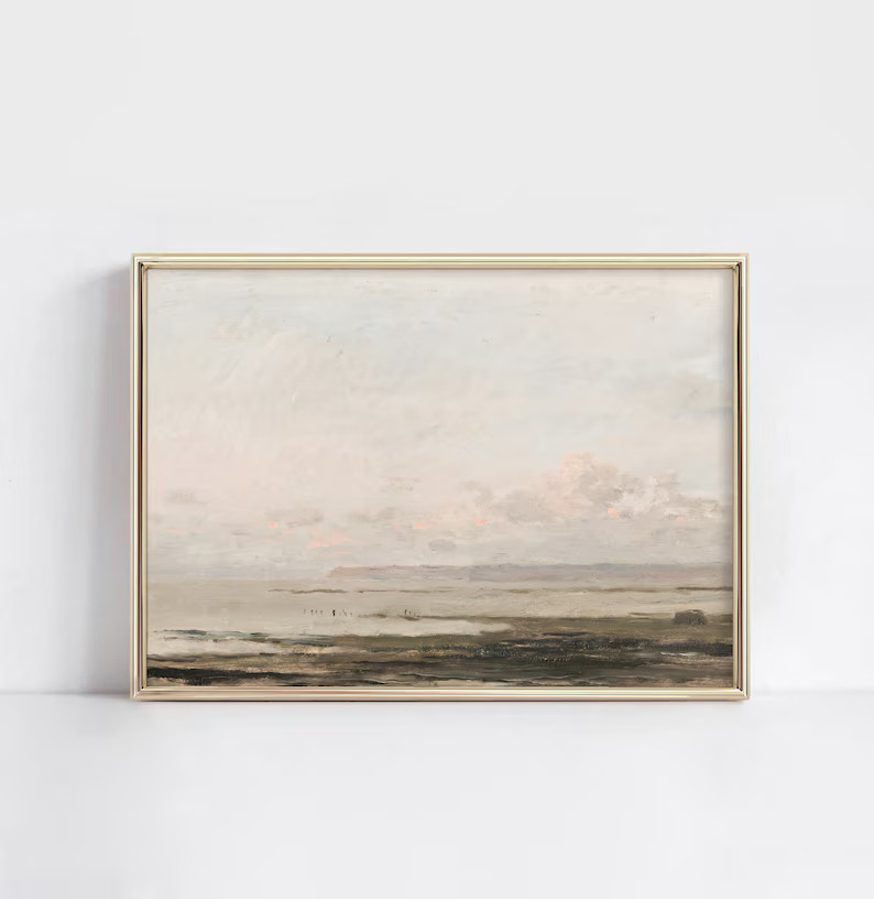 Hazy Beach  Vintage Coastal Seascape Painting  Muted - Etsy | Etsy (US)