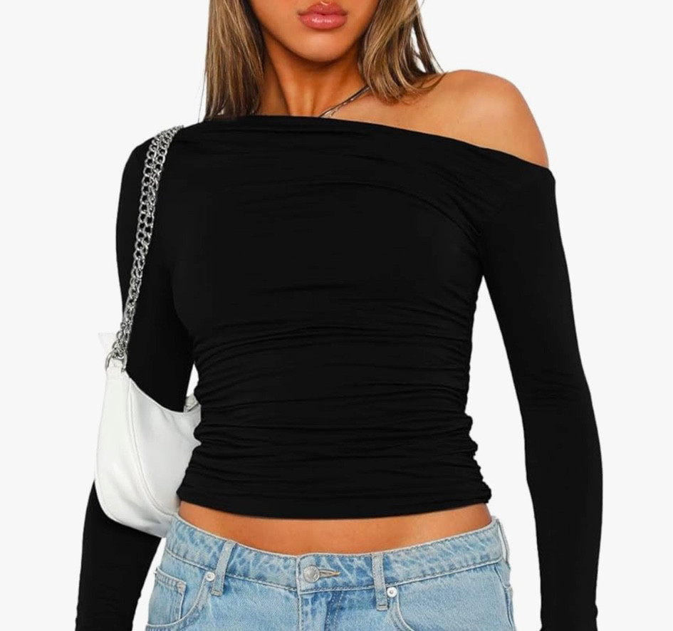 Darong Women's Casual Long Sleeve Boat Neck Off Shoulder Slim Fit Crop Top Going Out Blouses Y2K Tight Shirts