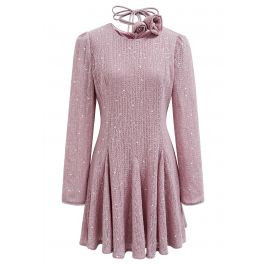 Glitter Sequin Frilling Dress with Choker in Pink | Chicwish