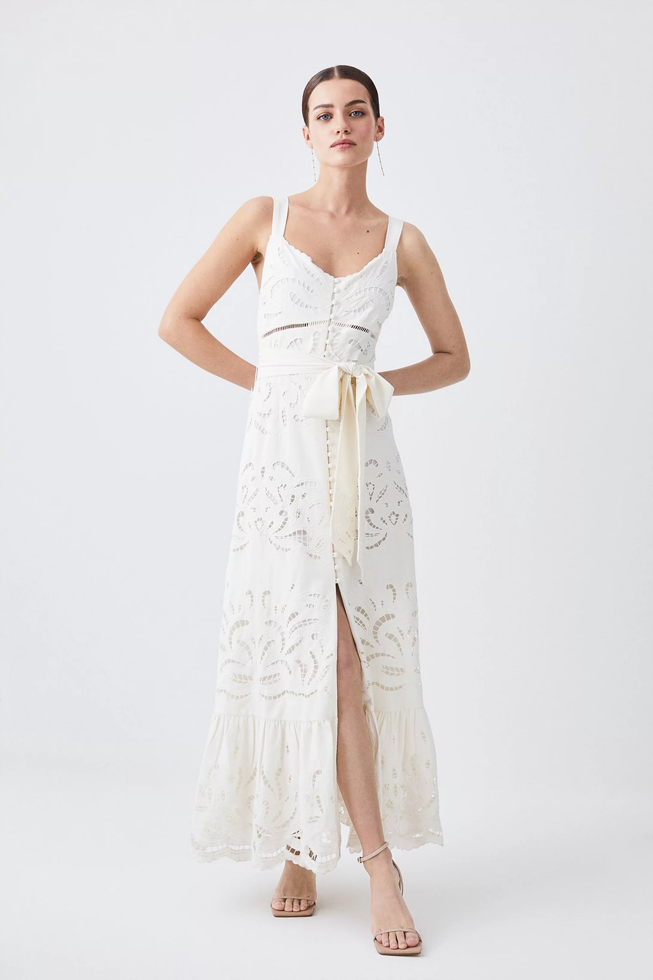 Petite Mirrored Cutwork Strappy Embroidered Woven Maxi Dress | Karen Millen UK + IE + DE + NL