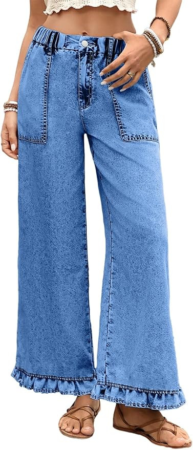 Astylish Wide Leg Jeans for Women Stretch High Wasited Baggy Trendy Denim Jean Ruffle Hem Pants | Amazon (US)