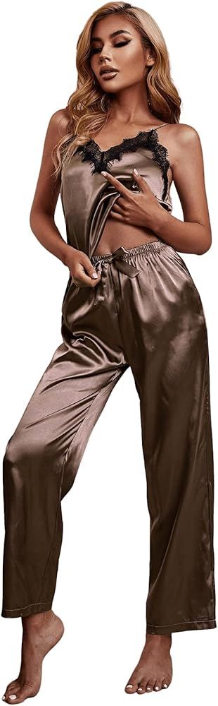 OYOANGLE Women's Lace Satin 2 Piece Pajama Set Pj Set Lounge Set Sleeveless Cami Tops and Pants | Amazon (US)