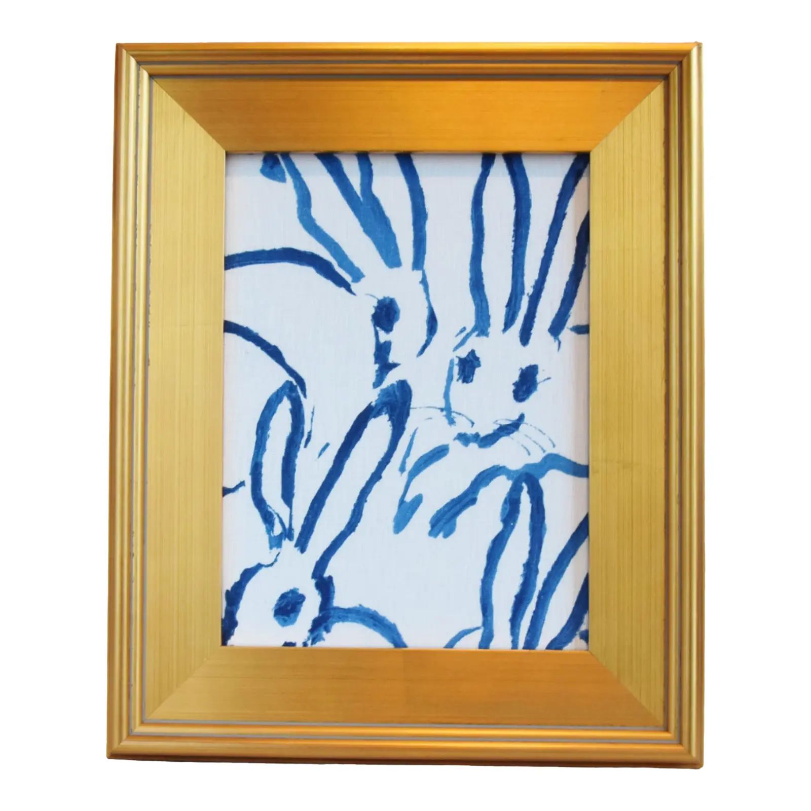 21st Century Framed Hunt Slonem Blue & White Bunny Hutch Fabric Textile With Gold Frame | Chairish
