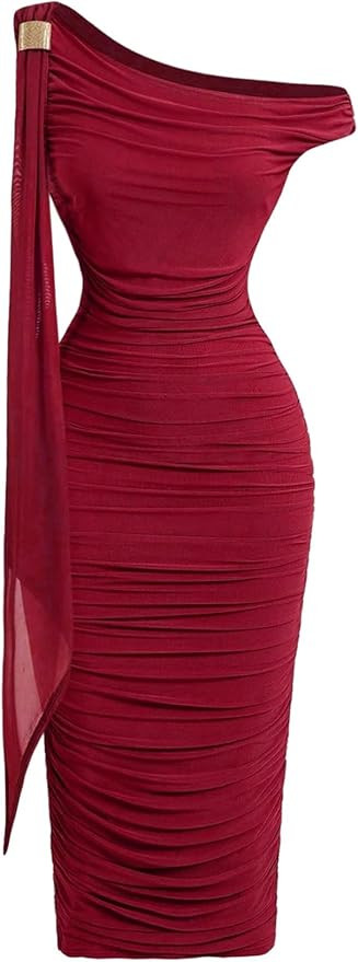 Floerns Women's Elegant Off The Shoulder Midi Dress Metal Sleeveless Ruched Slim Fit Bodycon Part... | Amazon (US)