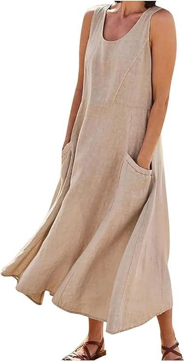 Linen Dress for Women Summer Sleeveless Solid Casual Baggy Flowy Maxi Dresses with Pockets | Amazon (US)