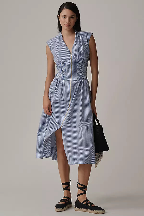 The Tommie Cap-Sleeve Smocked Front-Zip Shirt Dress: Shine Edition | Anthropologie (US)