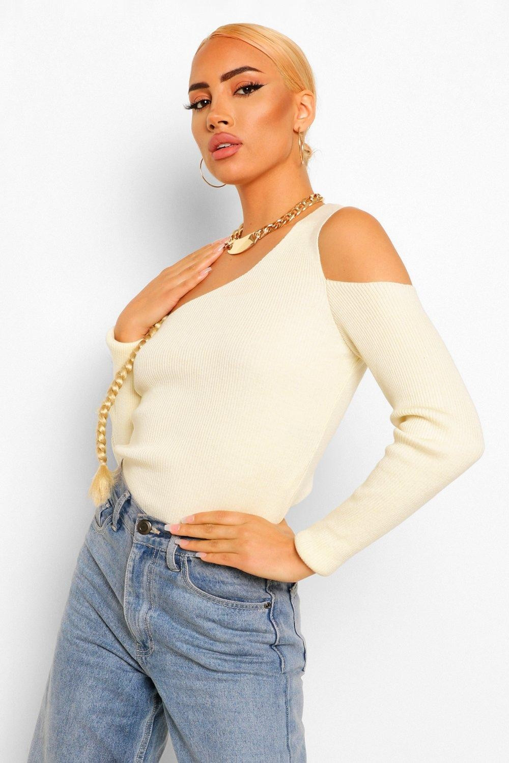 Womens Asymmetric Cut Out Shoulder Rib Sweater - White - M | Boohoo.com (US & CA)