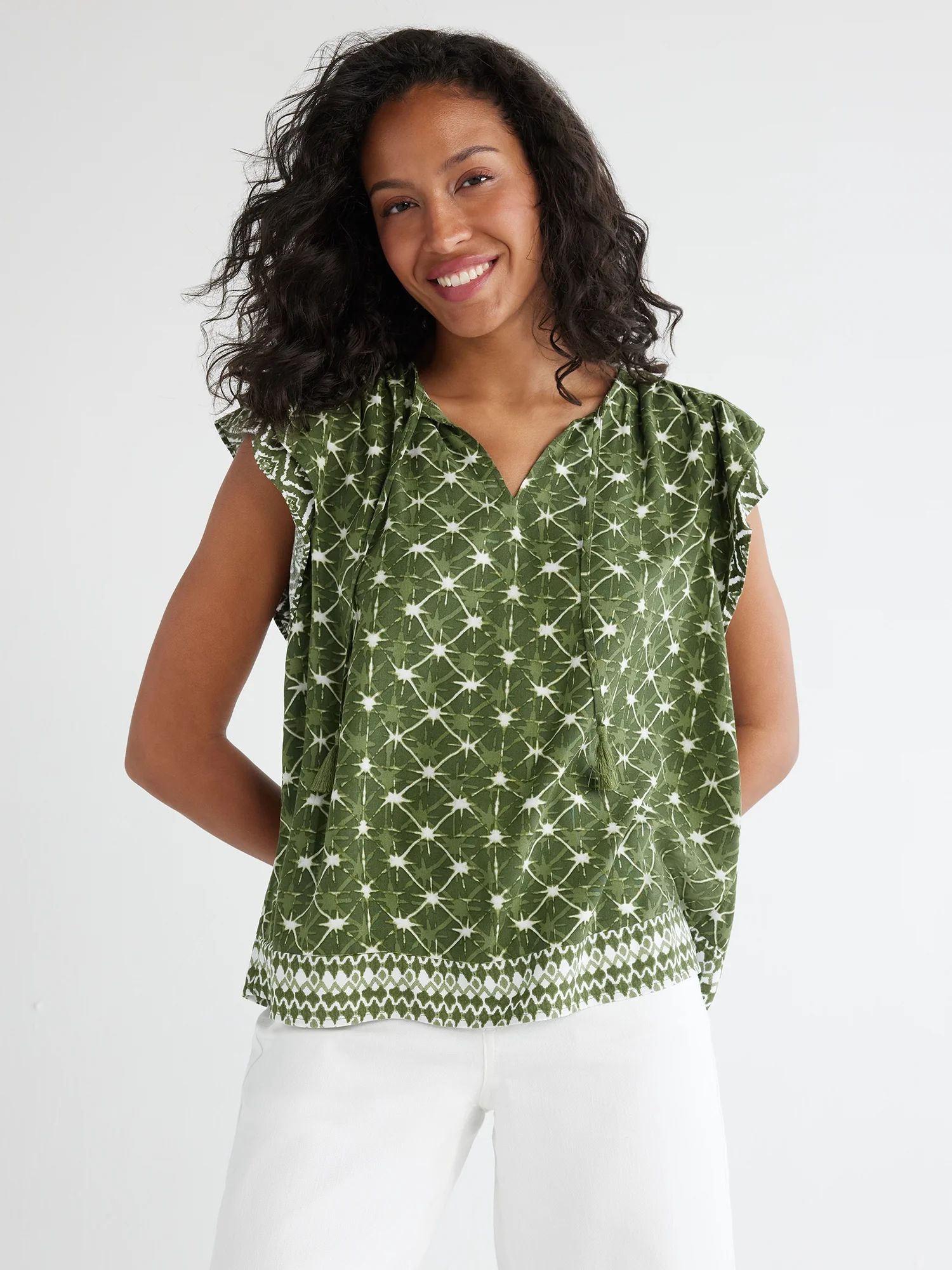 Time and Tru Flutter Sleeve Woven Top | Walmart (US)