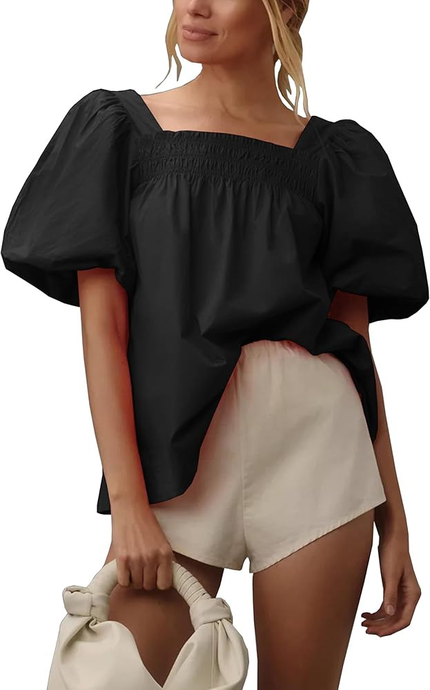Meladyan Women’s Short Puff Sleeve Blouse Tops Square Neck Smocked Ruffle Shirts Loose Fit Caus... | Amazon (US)
