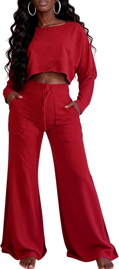 LROSEY Summer Women 2 Piece Outfits Pants Sets Casual Lounge Set Drawstring Wide Leg Palazzo Trou... | Amazon (US)