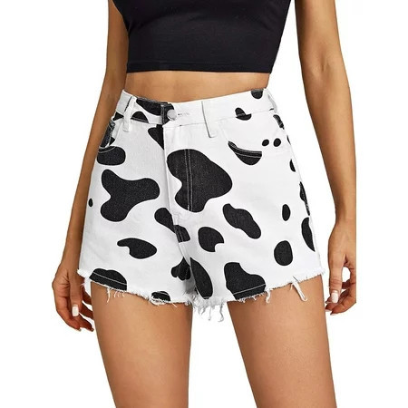 wybzd Womens Y2K Denim Shorts Casual Cows Printed High Waist Jeans Short Trousers Black White S | Walmart (US)